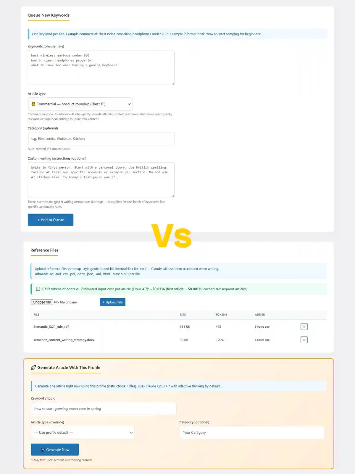 Article writing tools with Instructions box and files list
